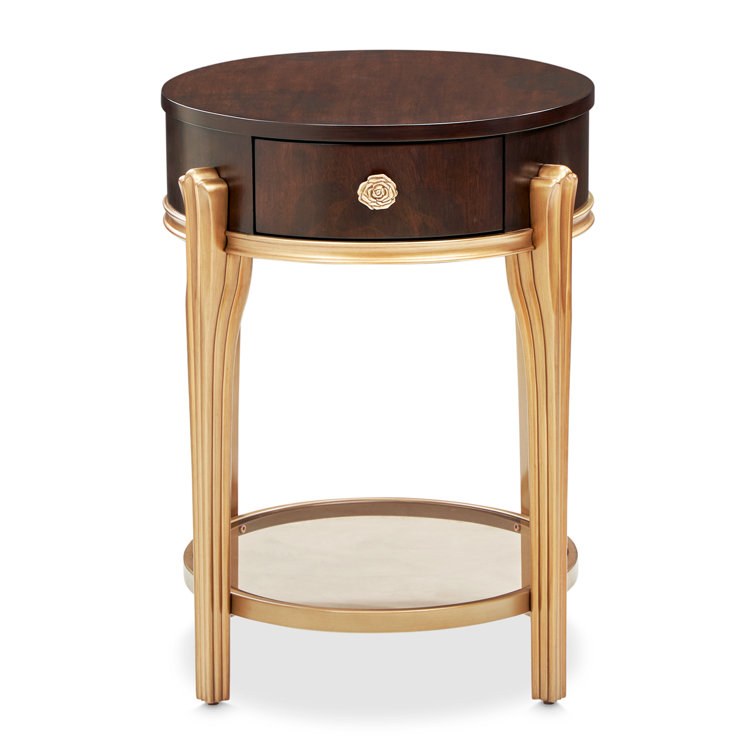 Round Dark Brown Wood and Glass End Table with Storage