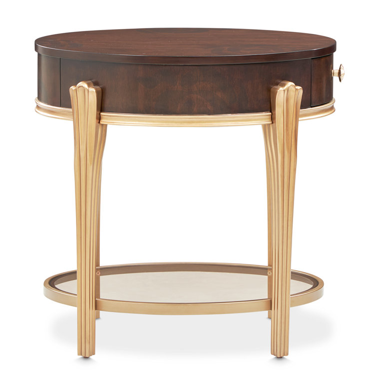 Round Dark Brown Wood and Glass End Table with Storage