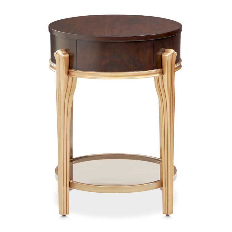 Round Dark Brown Wood and Glass End Table with Storage