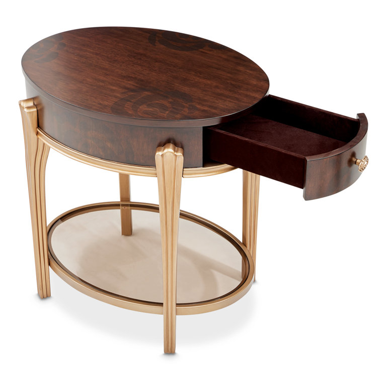 Round Dark Brown Wood and Glass End Table with Storage