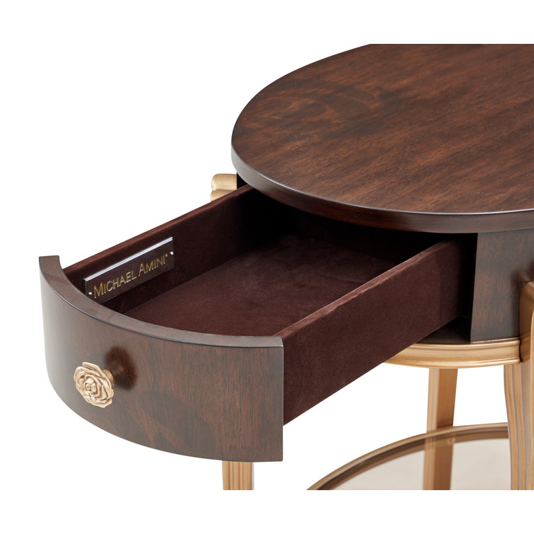 Round Dark Brown Wood and Glass End Table with Storage