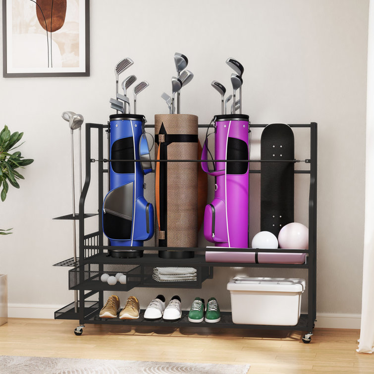 Heavy-Duty Black Steel Golf Bag Organizer with Wheels and Storage