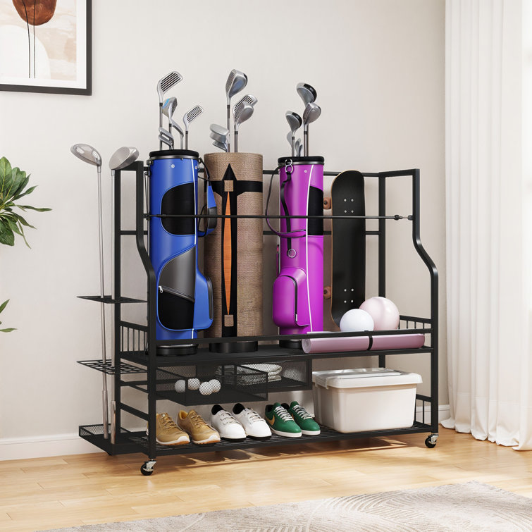 Heavy-Duty Black Steel Golf Bag Organizer with Wheels and Storage