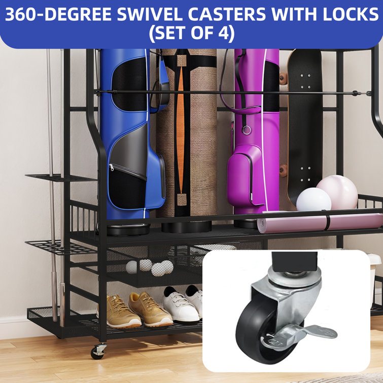 Heavy-Duty Black Steel Golf Bag Organizer with Wheels and Storage