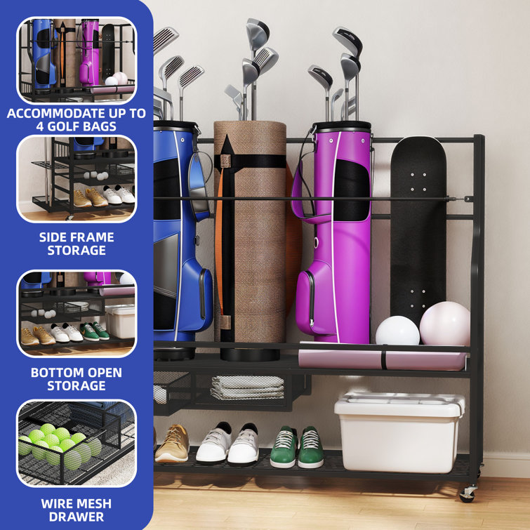 Heavy-Duty Black Steel Golf Bag Organizer with Wheels and Storage