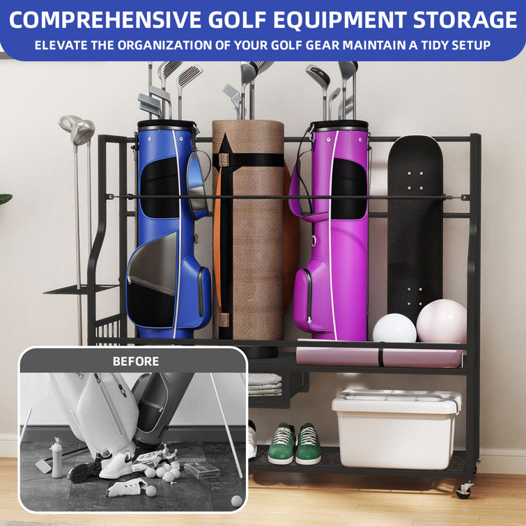 Heavy-Duty Black Steel Golf Bag Organizer with Wheels and Storage