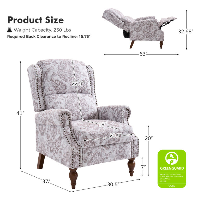 Beige Floral Polyester Wingback Recliner with Wood Legs