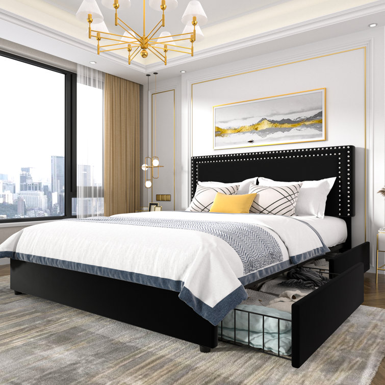 White Velvet Upholstered King Platform Bed with Storage Drawers
