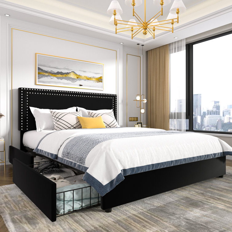White Velvet Upholstered King Platform Bed with Storage Drawers