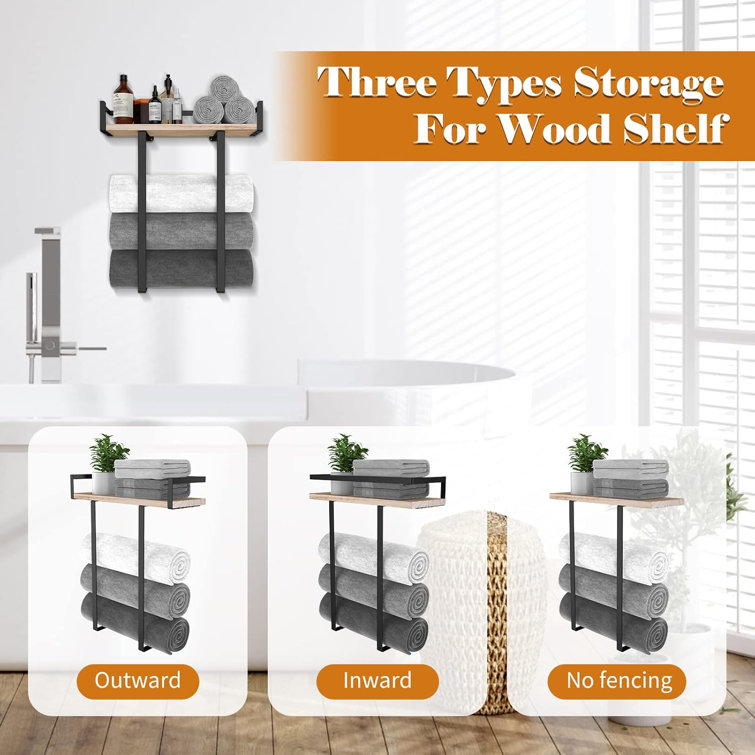 Black Metal Wall Mounted Towel Rack with Pine Wood Shelf