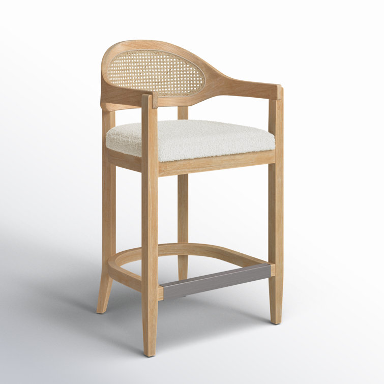 Ivory Boucle Upholstered Solid Wood Counter Stool with Cane Back