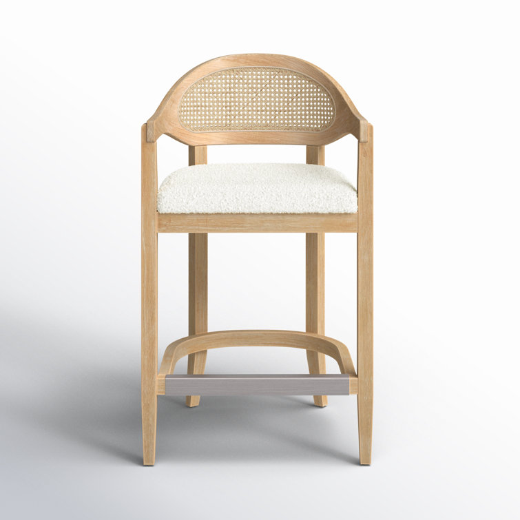 Ivory Boucle Upholstered Solid Wood Counter Stool with Cane Back