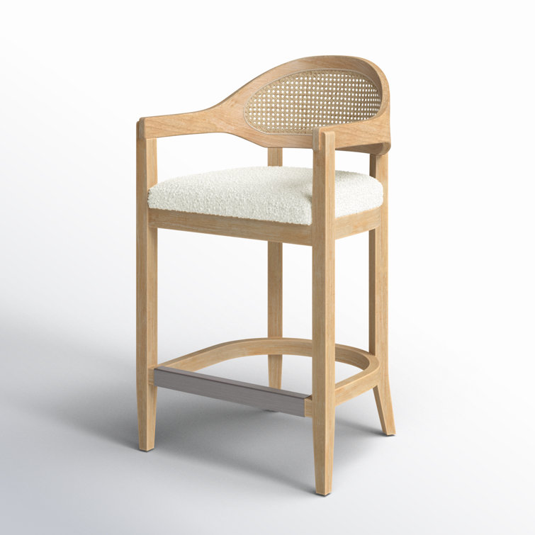 Ivory Boucle Upholstered Solid Wood Counter Stool with Cane Back