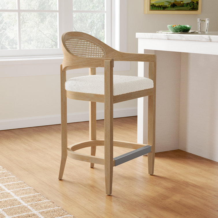 Ivory Boucle Upholstered Solid Wood Counter Stool with Cane Back