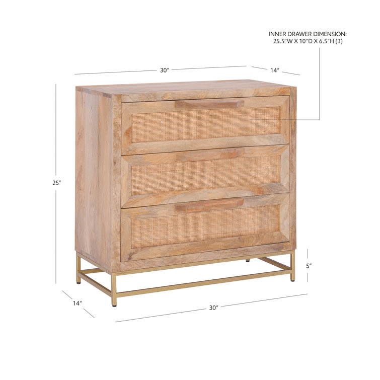 Janie 3-Drawer Natural Rattan and Gold Metal Cabinet