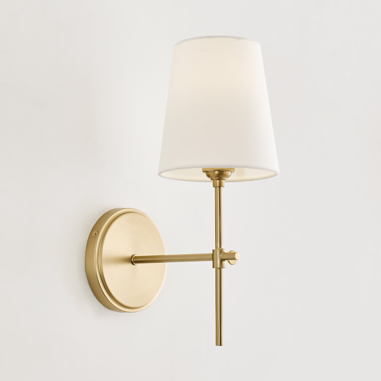 Satin Brass Wall Sconce with White Linen Shade