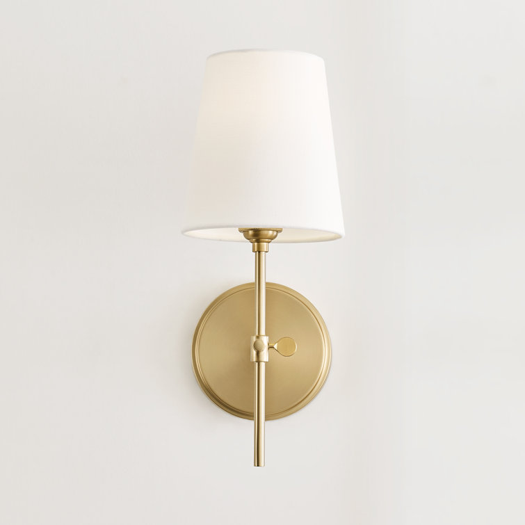 Satin Brass Wall Sconce with White Linen Shade