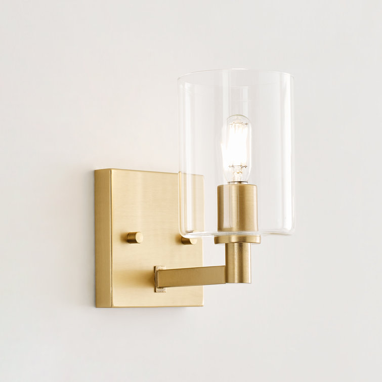Satin Brass Dimmable Single Light Wall Sconce with Clear Glass Shade
