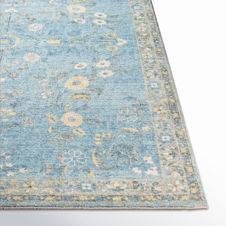 Blue Rectangular Oriental Synthetic Easy Care Rug