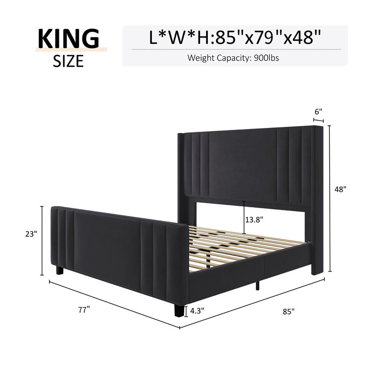 King Black Velvet Upholstered Platform Bed with Tufted Headboard
