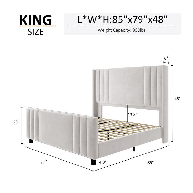 King Size Cream Velvet Upholstered Bed with Tufted Headboard
