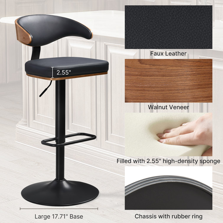 Tall Black Adjustable Swivel Barstool with Leather Seat