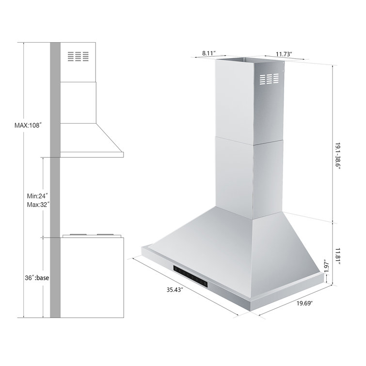 36'' Stainless Steel Convertible Wall Mount Range Hood with Charcoal Filter
