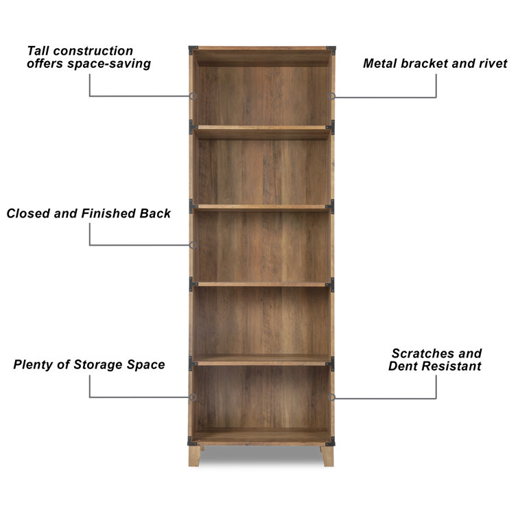 Rustic Oak 5-Shelf Bookcase with Black Metal Brackets
