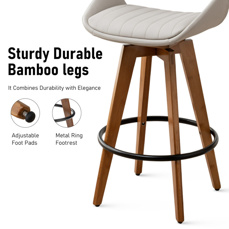 Gray Faux Leather Swivel Counter Stools with Wood Back and Legs, Set of 2