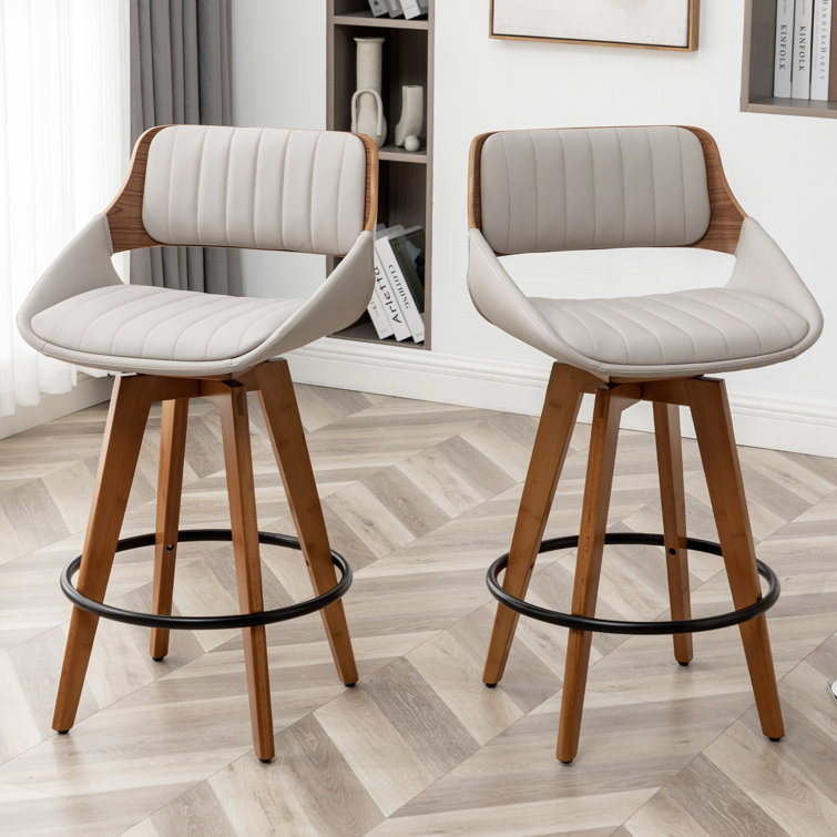 Gray Faux Leather Swivel Counter Stools with Wood Back and Legs, Set of 2