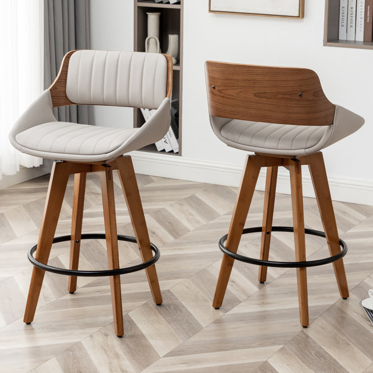 Gray Faux Leather Swivel Counter Stools with Wood Back and Legs, Set of 2