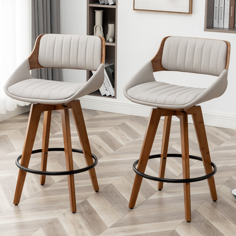 Gray Faux Leather Swivel Counter Stools with Wood Back and Legs, Set of 2