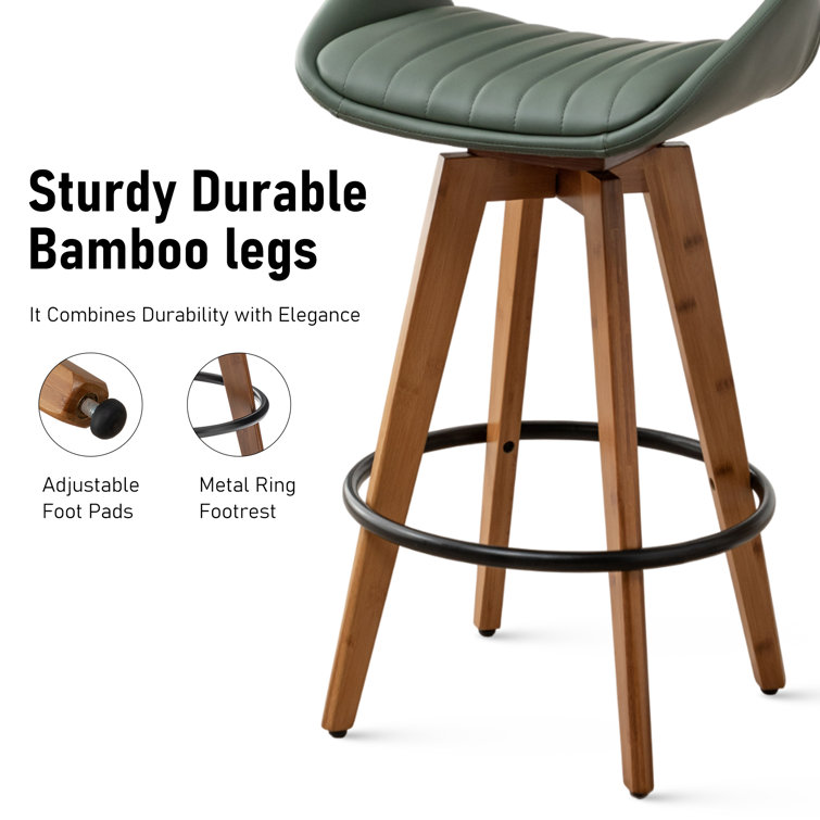 Green Faux Leather and Wood Swivel Counter Stools, Set of 2