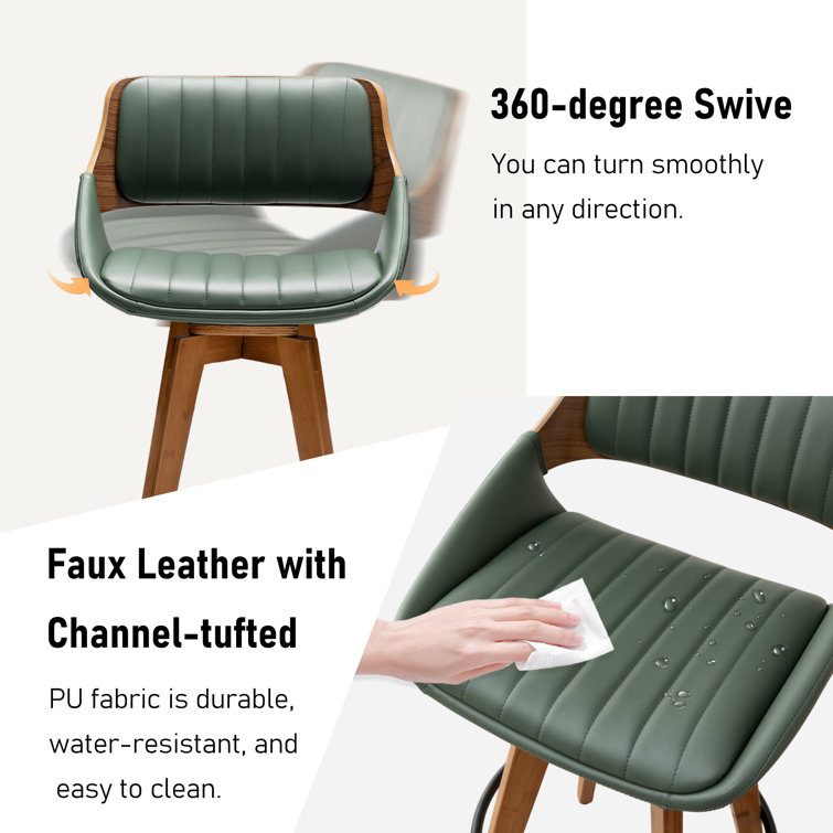 Green Faux Leather and Wood Swivel Counter Stools, Set of 2