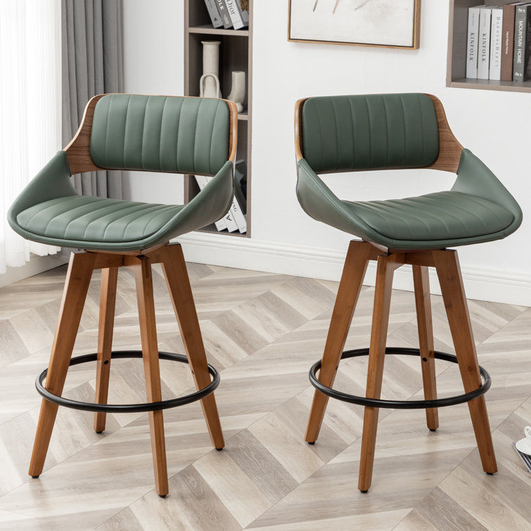 Green Faux Leather and Wood Swivel Counter Stools, Set of 2
