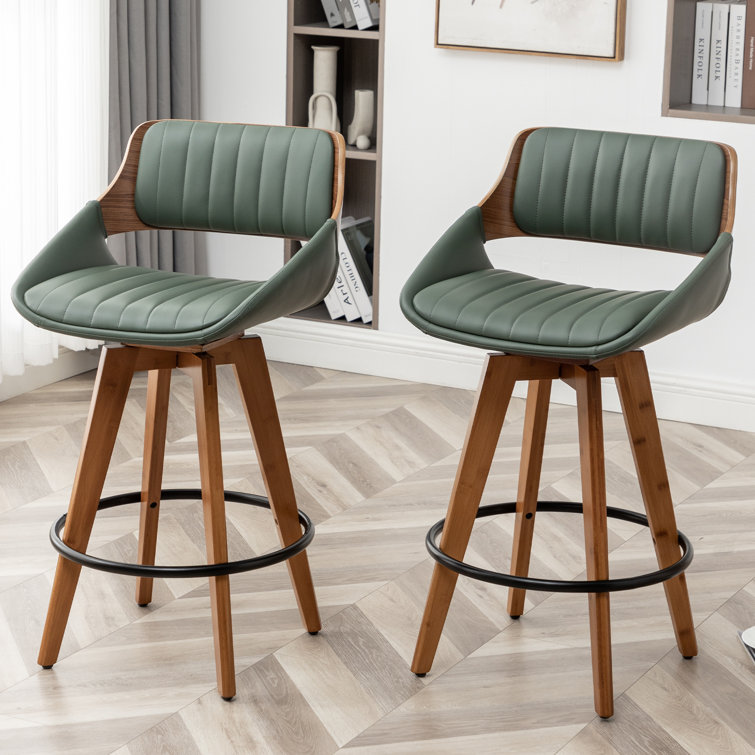 Green Faux Leather and Wood Swivel Counter Stools, Set of 2