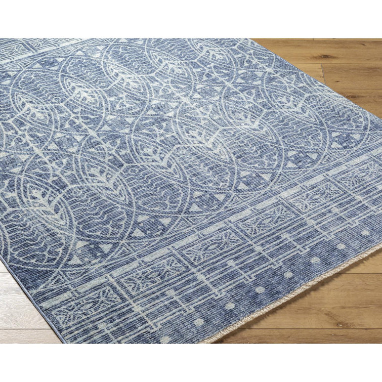 Ice Blue and Dark Blue Geometric Polyester Runner Rug