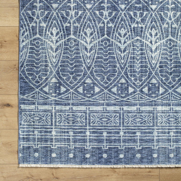 Ice Blue and Dark Blue Geometric Polyester Runner Rug