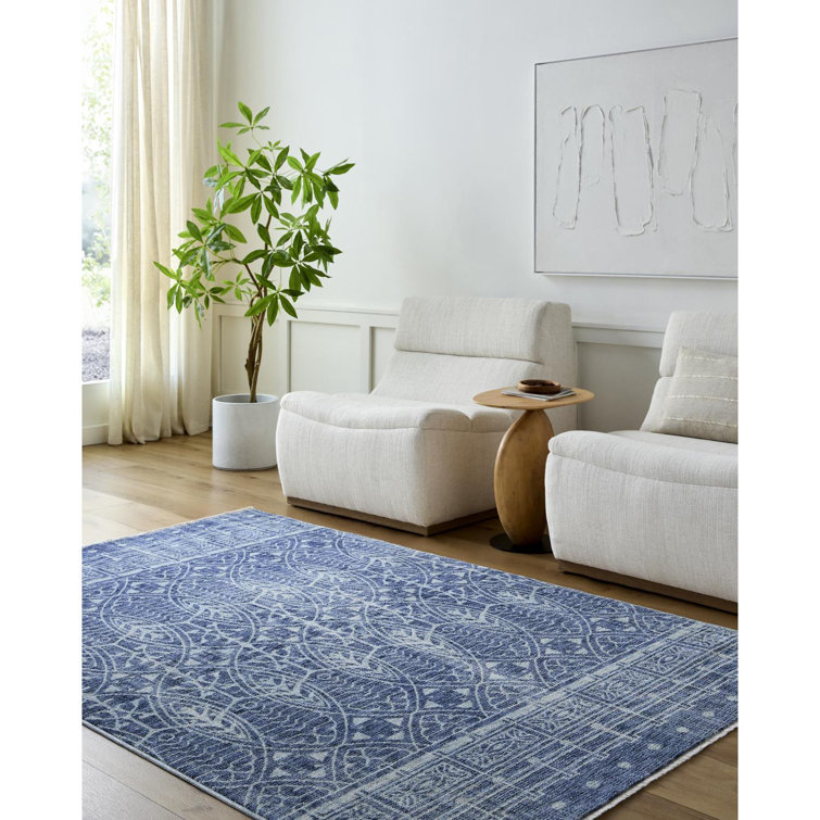 Ice Blue and Dark Blue Geometric Polyester Runner Rug