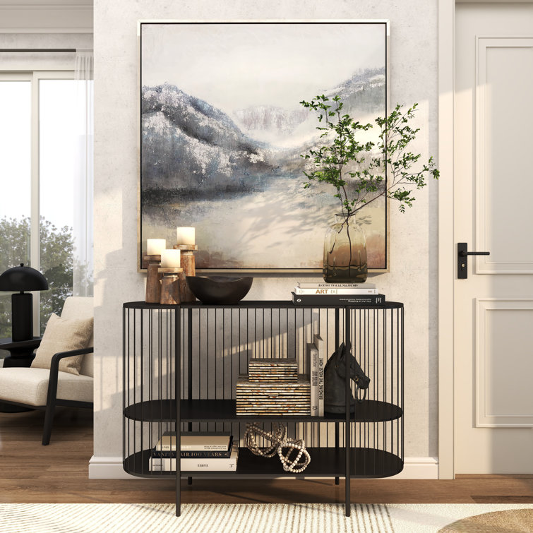 Sleek Black Metal Console Table with Dual Storage Shelves