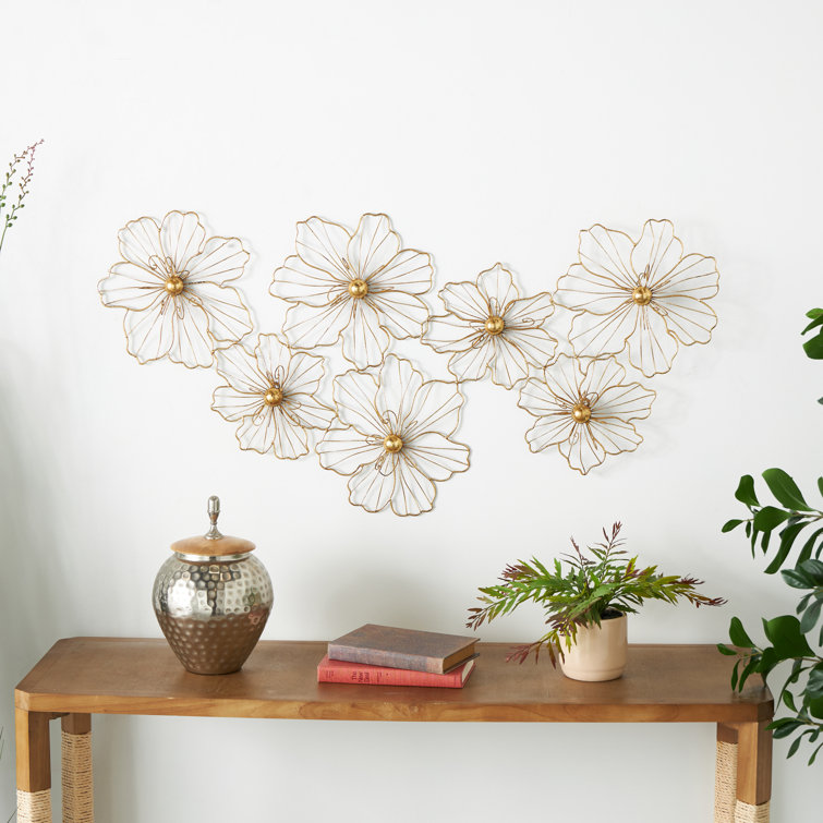 Gold Foiled Wire Floral Asymmetrical Metal Wall Sculpture 43"x21"