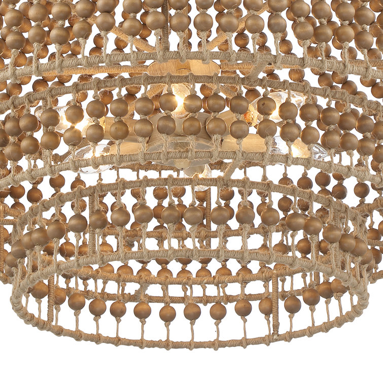 Burnished Silver and Natural Wood Bead 6-Light Chandelier