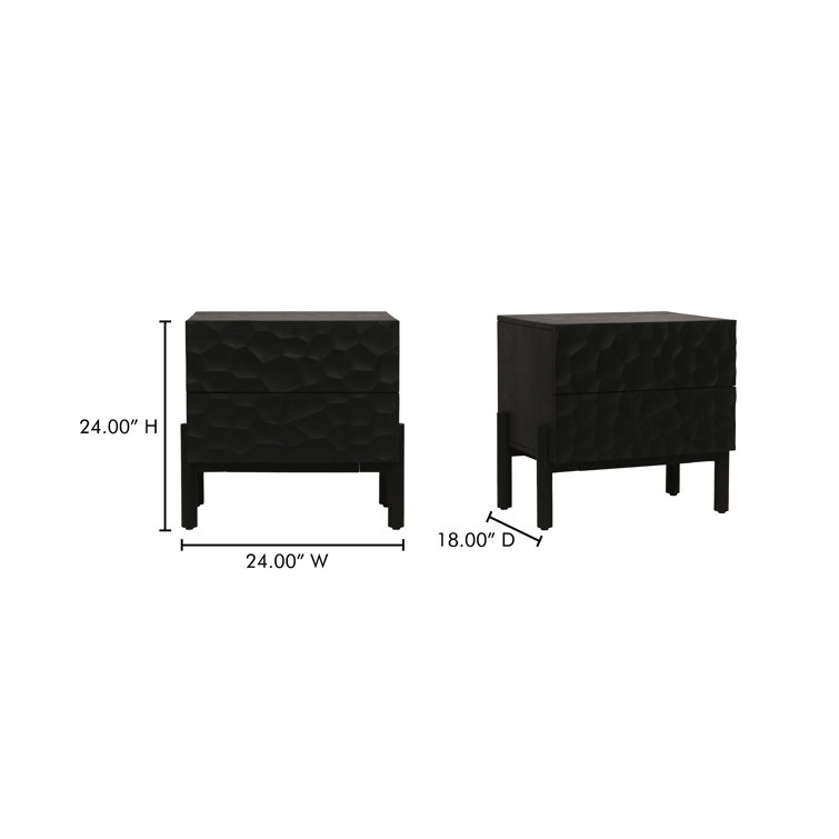Black Solid Wood 2-Drawer Nightstand with Carved Detailing