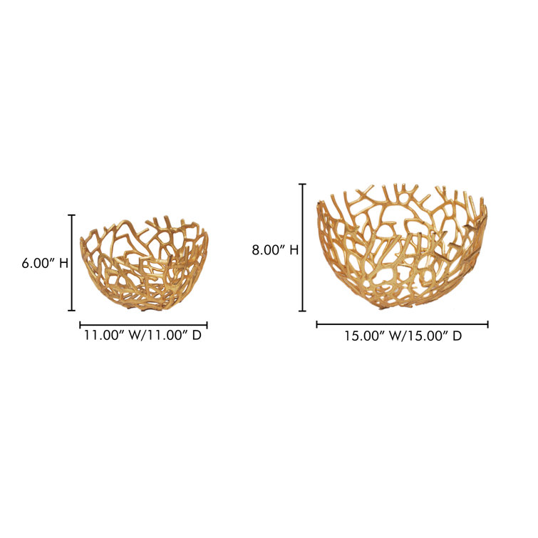 Gold Aluminum Contemporary Decorative Bowl Set of Two