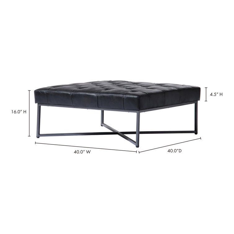Somerton Tufted Black Leather Ottoman with Pine X-Base