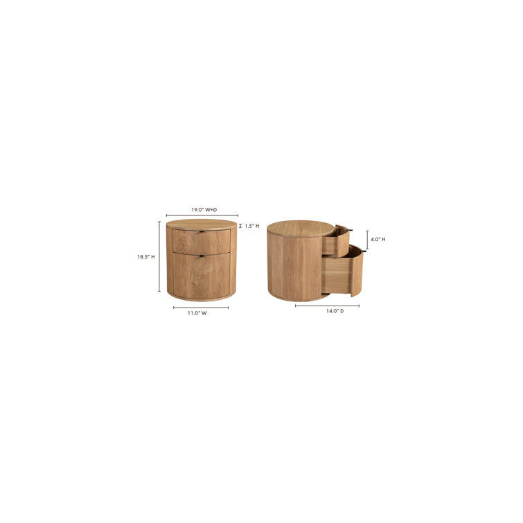 Scandinavian Solid Oak 2-Drawer Round Nightstand in Natural Brown