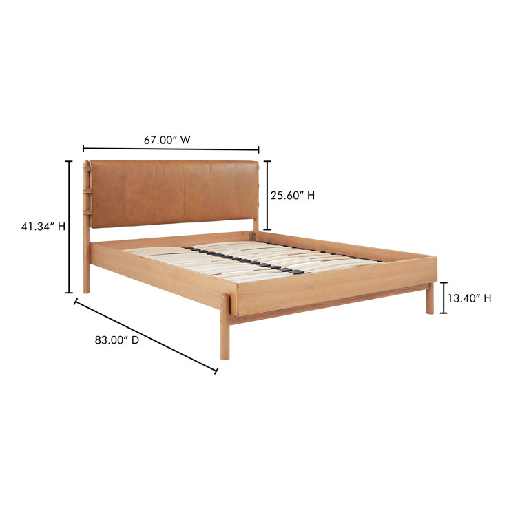 Queen Oak and Leather Upholstered Bed with Slats