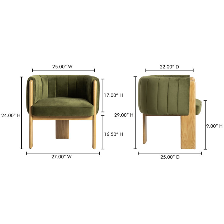 Green Velvet and Natural Wood Barrel Chair