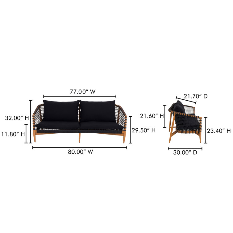 Brenisha Teak Wood Outdoor Sofa with Black Cushions