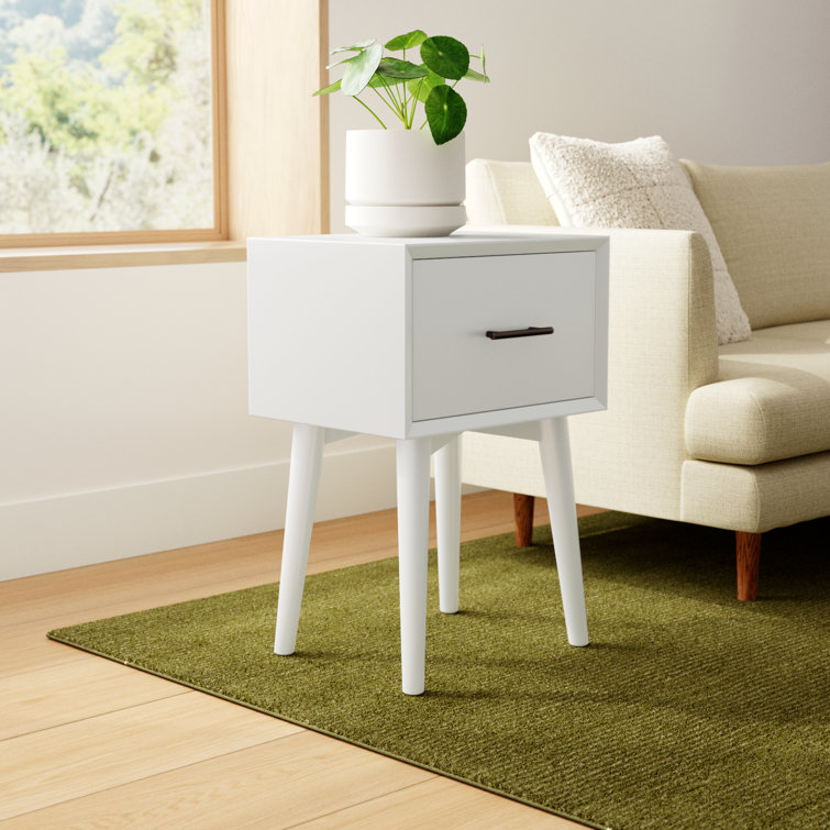 White Mid-Century Modern Solid Wood End Table with Storage